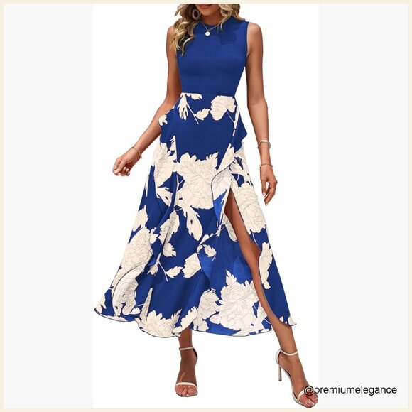 Dresses & Skirts - Sleeveless Midi Dress Crewneck Patchwork Boho Floral Ruffle A-Line Summer